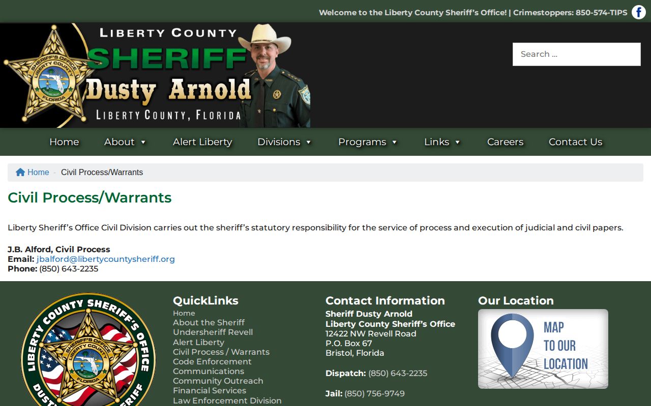 Liberty County warrant contact record from the Sheriff's Office
